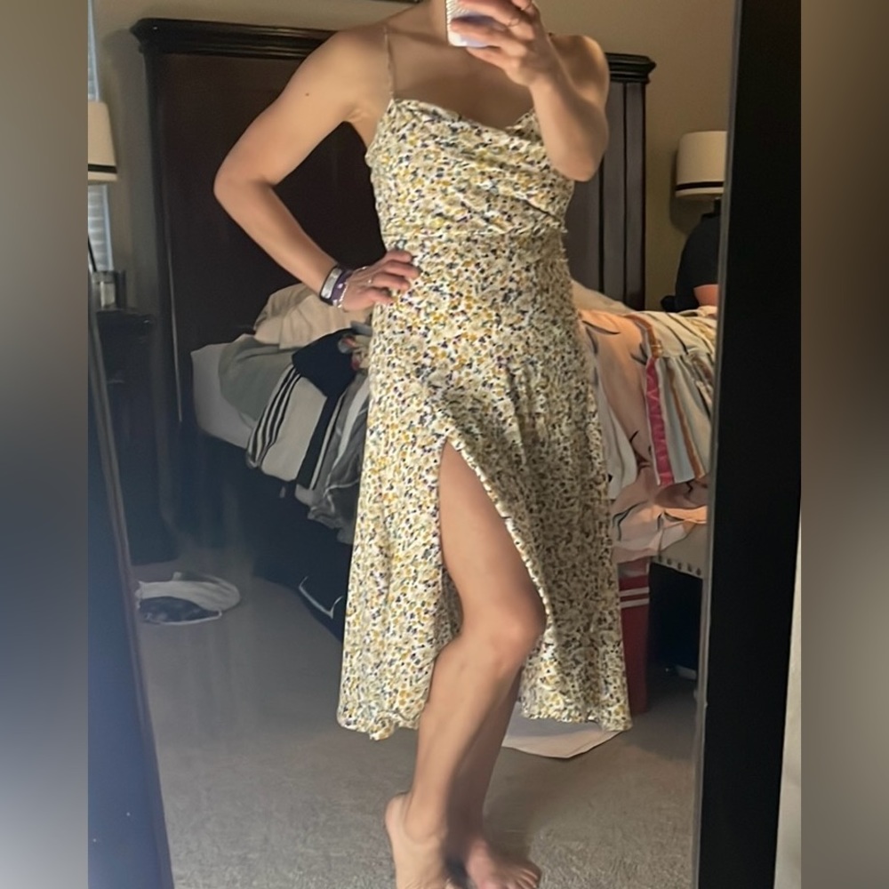 All in Favor draped neck yellow floral dress, size S